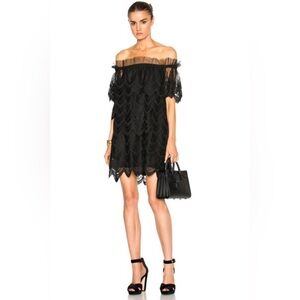 Alexis Ali Off The Shoulder Tiered Scalloped-Edge Lace Black Mini Dress Small